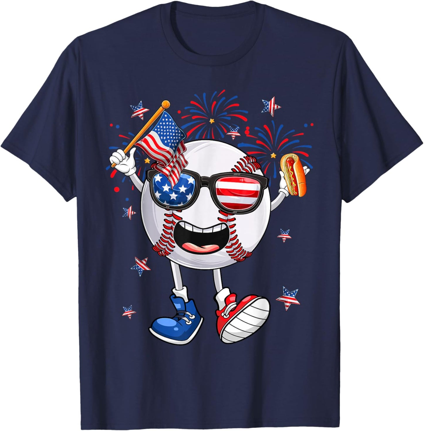 Baseball Holding Hotdog USA Independence Day 4th Of July T-Shirt - T-Shirt | Navy