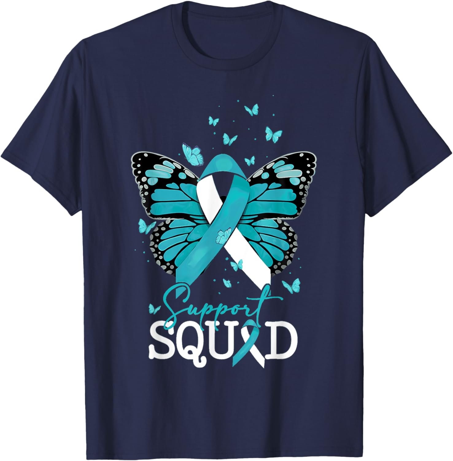 Teal Butterfly Support Squad Cervical Cancer Awareness T-Shirt - T-Shirt | Navy