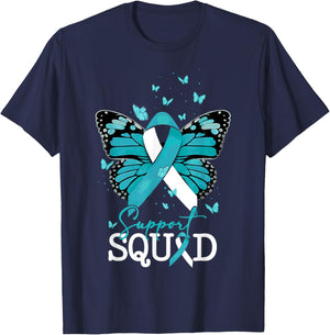 Teal Butterfly Support Squad Cervical Cancer Awareness T-Shirt - T-Shirt | Navy