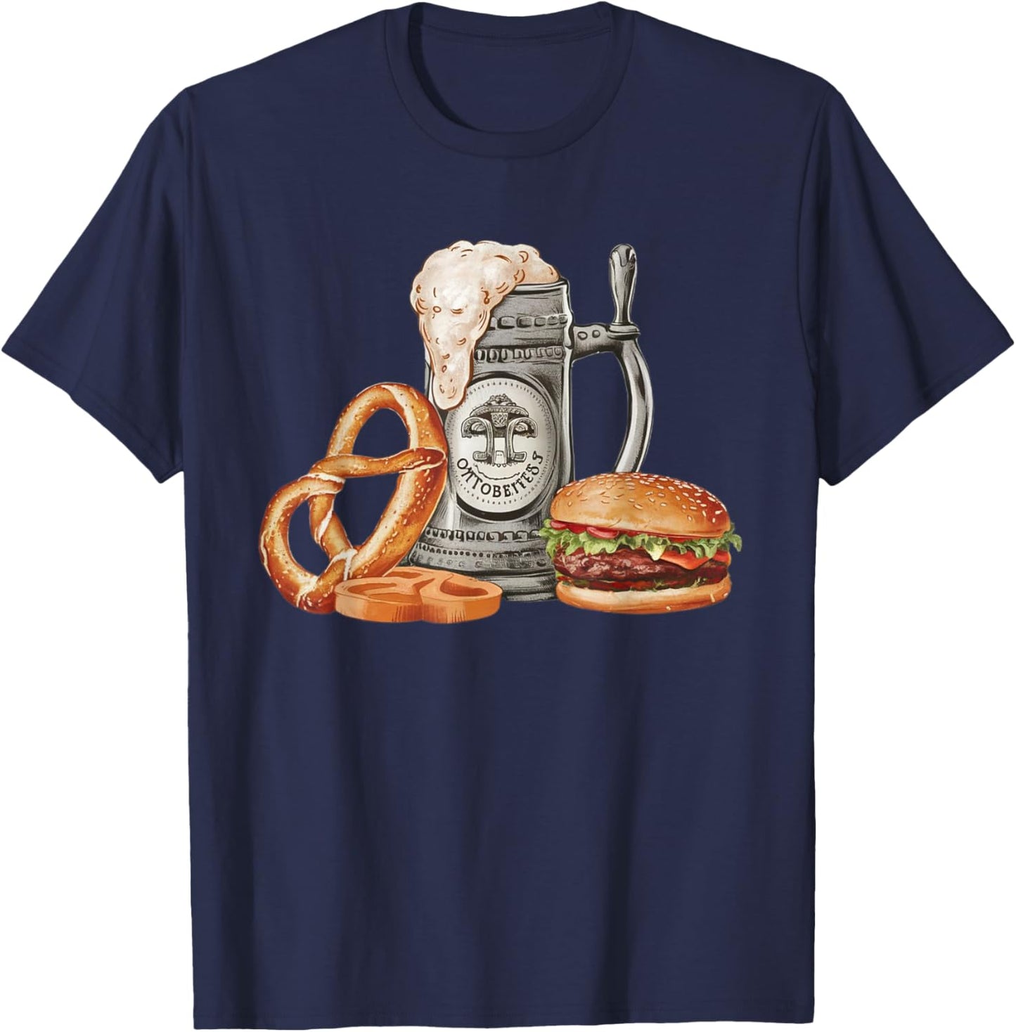 Oktoberfest Beer Mug with Pretzel and Burger, Festive Bavar T-Shirt - T-Shirt | Navy