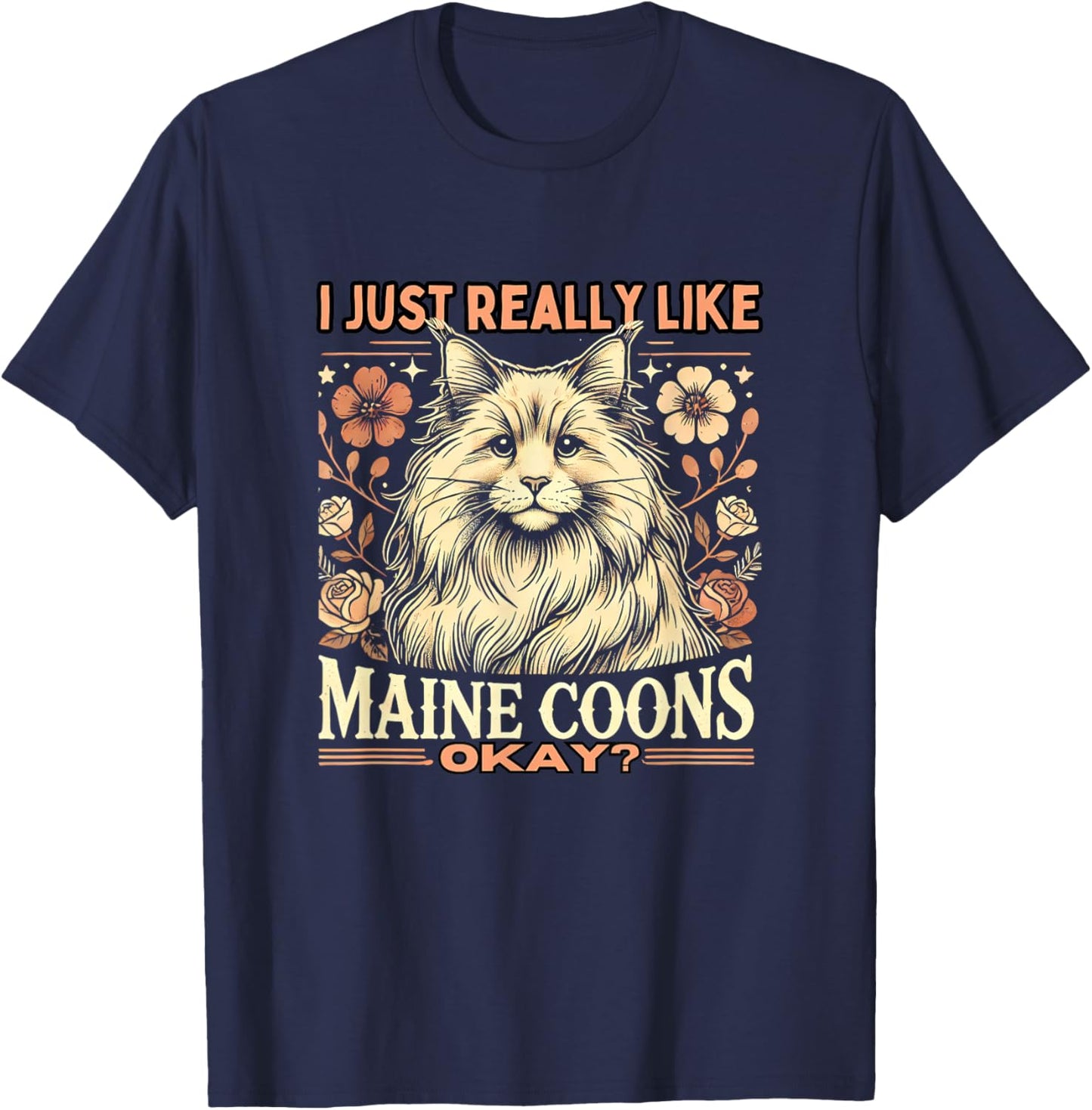 Maine Coon Gifts Maine Coon Lover -Adults Kids Cat Lovers Black Small Modern Classic Round Collar Short Sleeve Classic Fit Lightweight T-Shirt - T-Shirt | Navy
