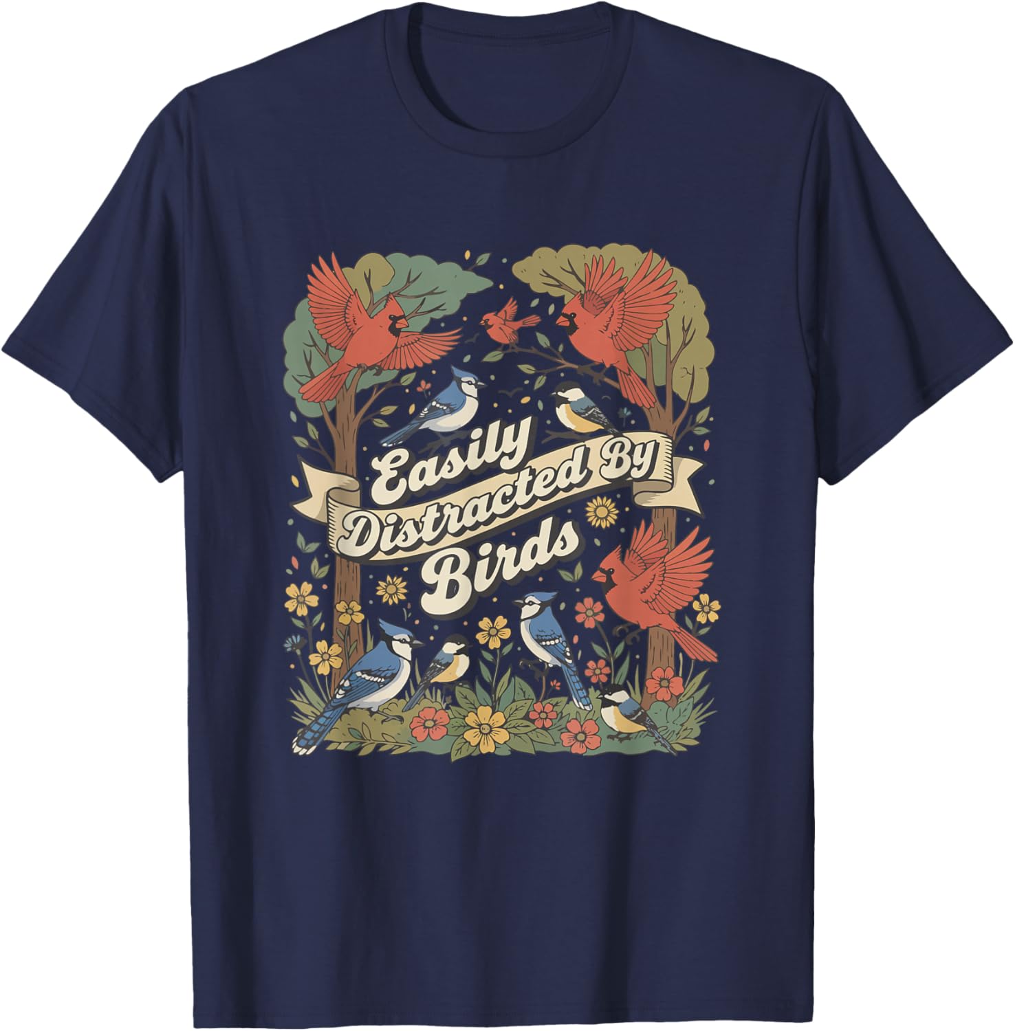 Easily Distracted By Birds Vintage Nature Lover Funny T-Shirt - T-Shirt | Navy