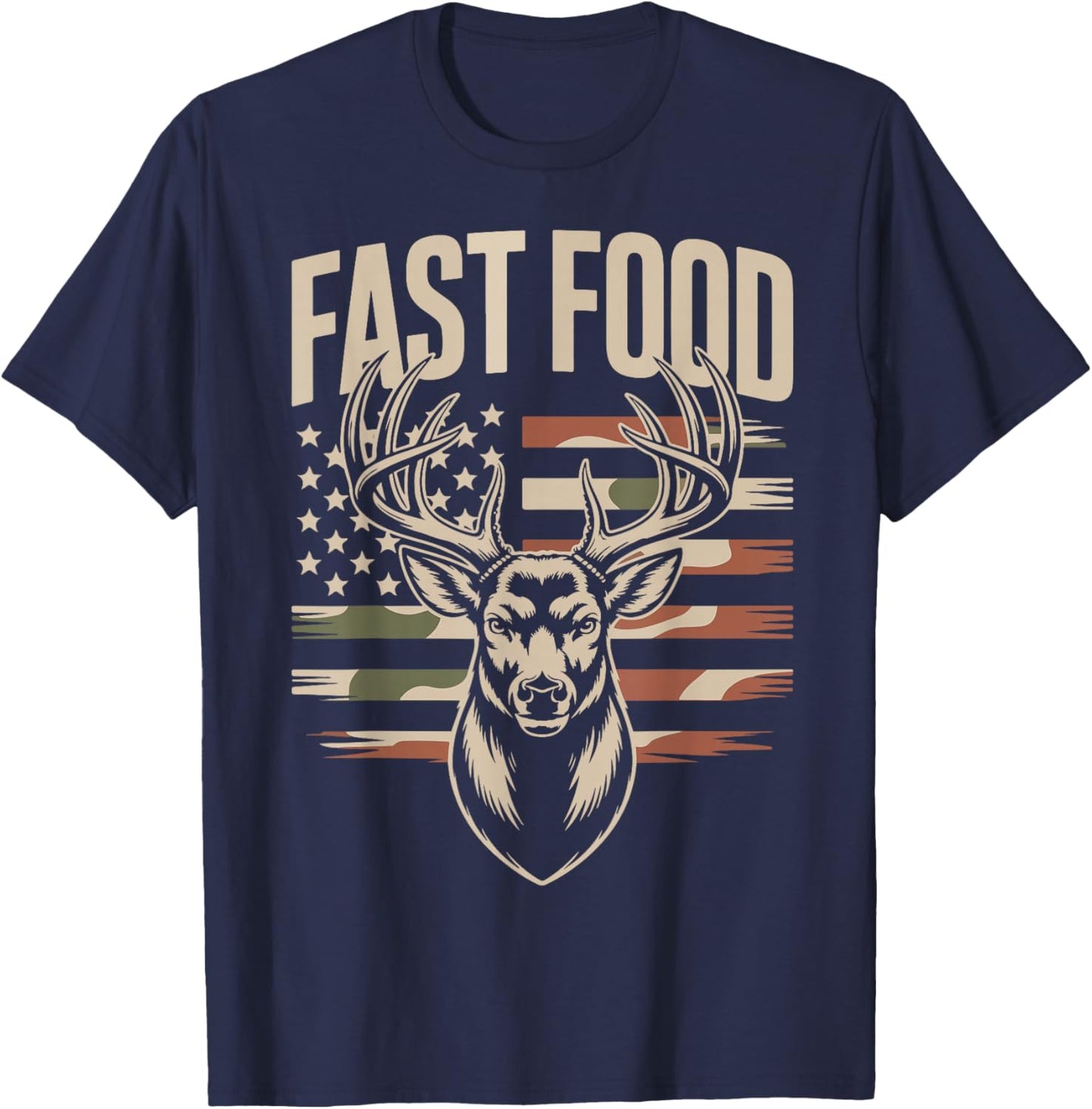 Camo Deer Hunting American Flag Fast Food Dad Hunter Gift T-Shirt - T-Shirt | Navy
