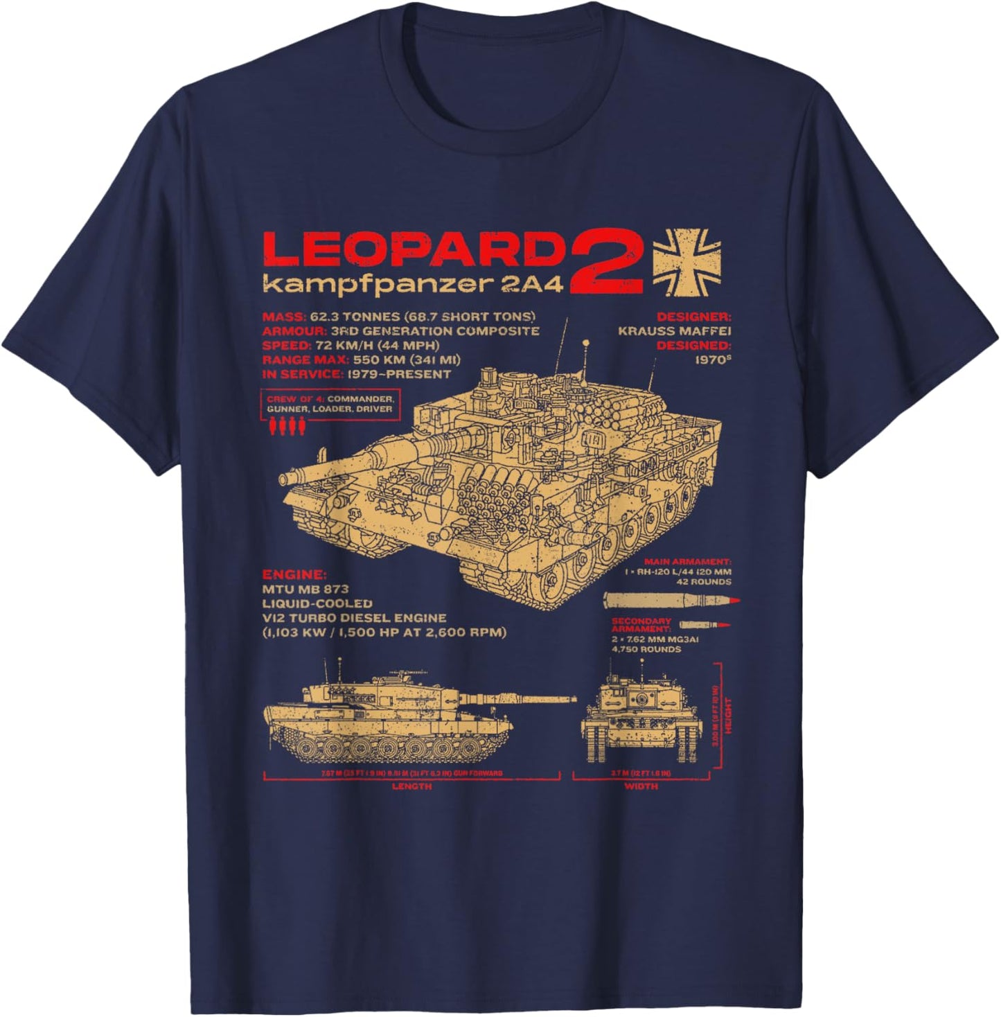 Leopard 2 2A4 Tank Armored Vehicle Blueprint T-Shirt - T-Shirt | Navy