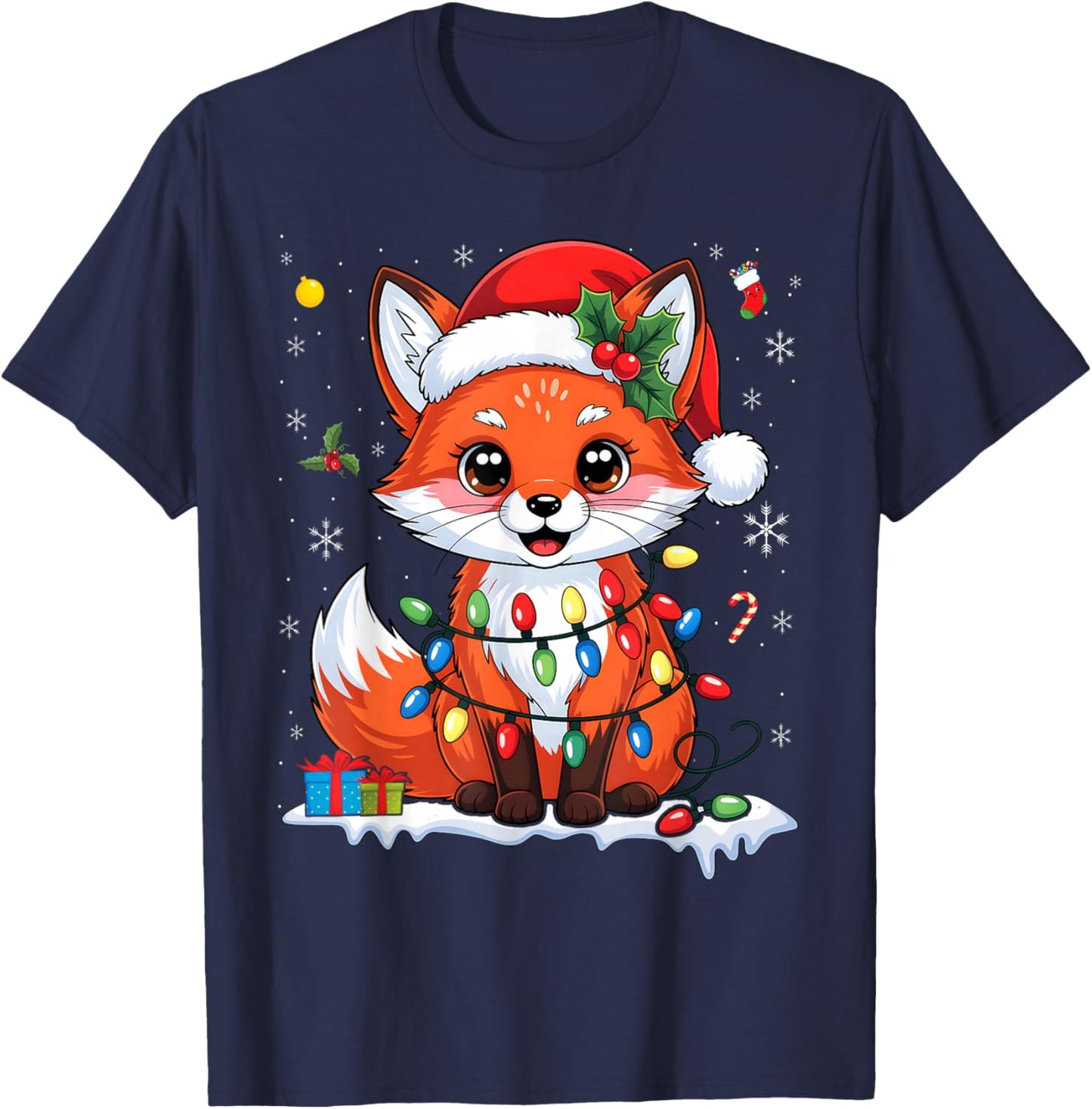 Merry Foxmas Christmas Lights Cute Fox Santa Hat T-Shirt - T-Shirt | Navy