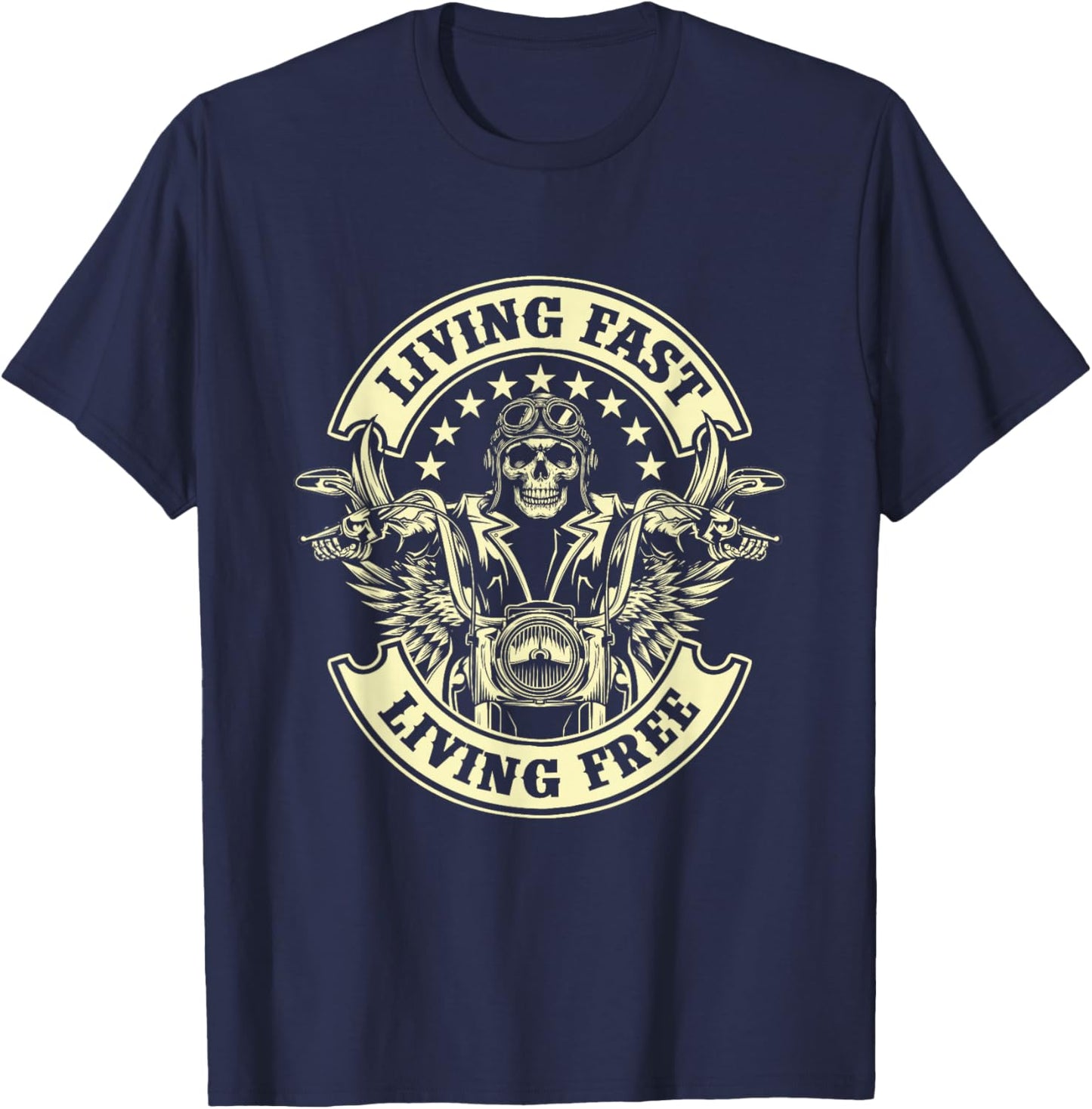 Living Fast Living Free - Biker Motorcycle Motorcycling T-Shirt - T-Shirt | Navy