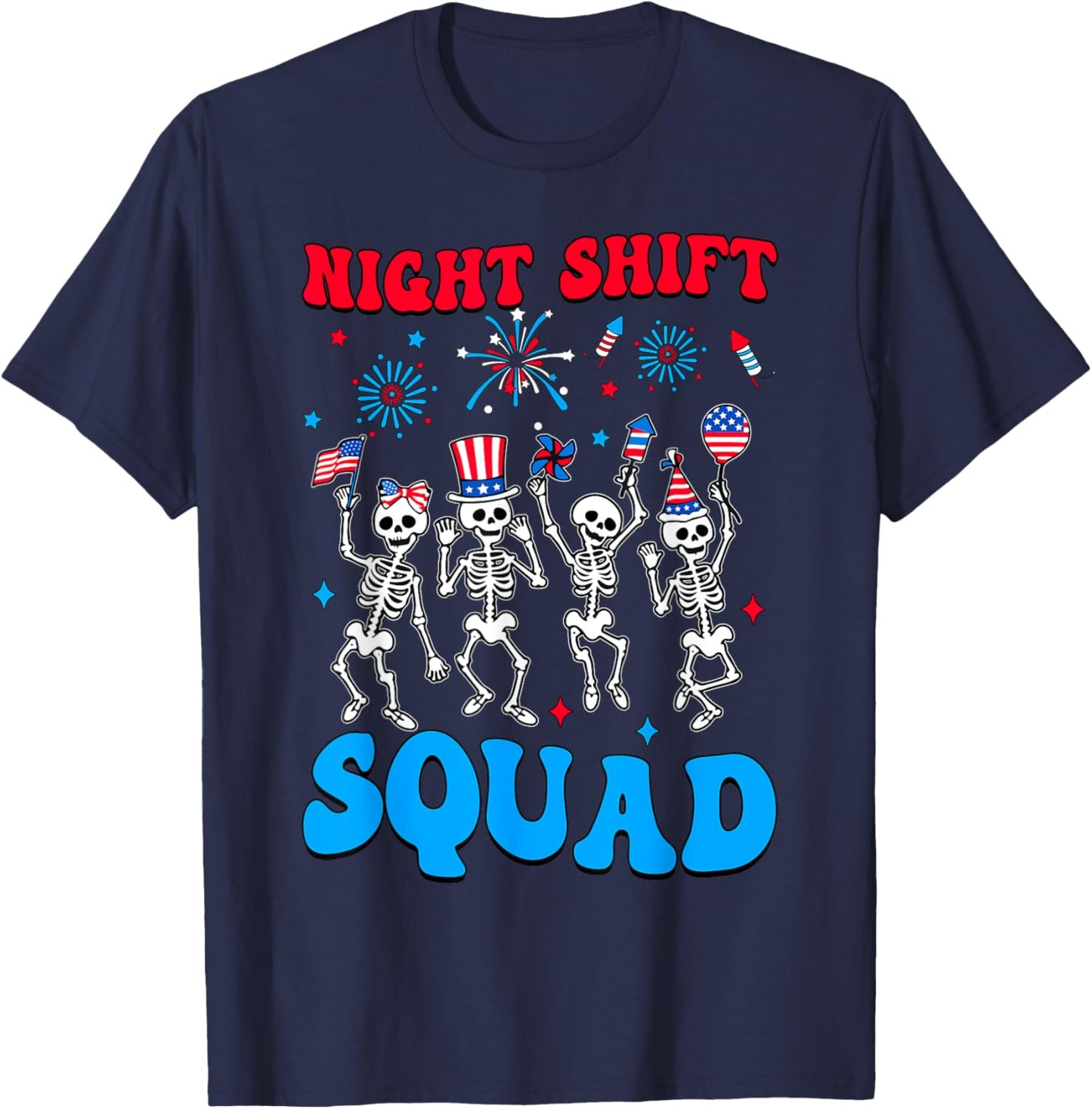 Night Shift Squad Skeleton CMA Nurse 4th Of July USA Flag T-Shirt - T-Shirt | Navy