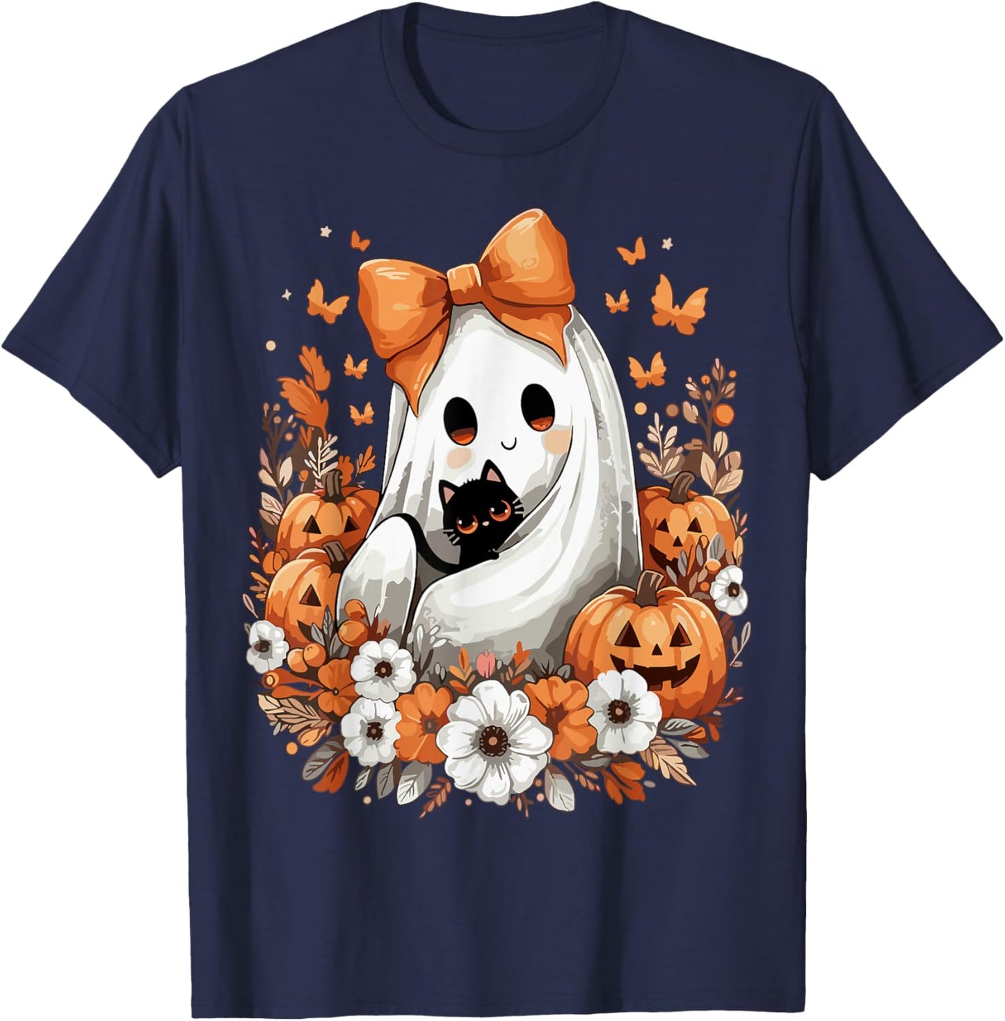 Halloween Vintage Ghost with Black Cat Pumpkin Flowers T-Shirt - T-Shirt | Navy