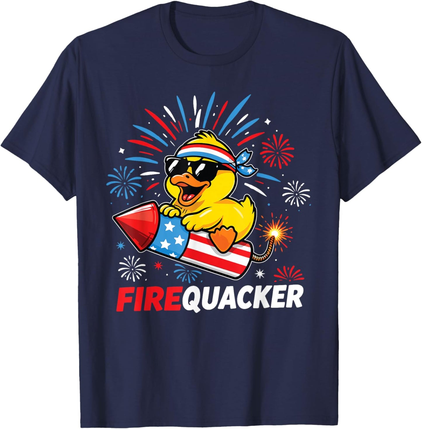 Firequacker 4th of July Funny Duck Fireworks Men Women Kids T-Shirt - T-Shirt | Navy