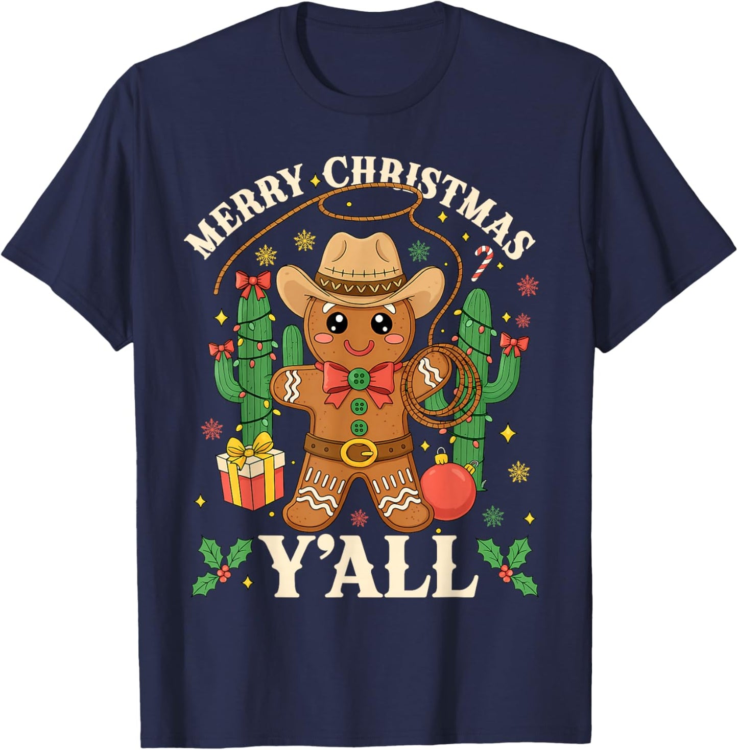 Merry Christmas Yall Gingerbread Cowboy Cowgirl Howdy Xmas T-Shirt - T-Shirt | Navy