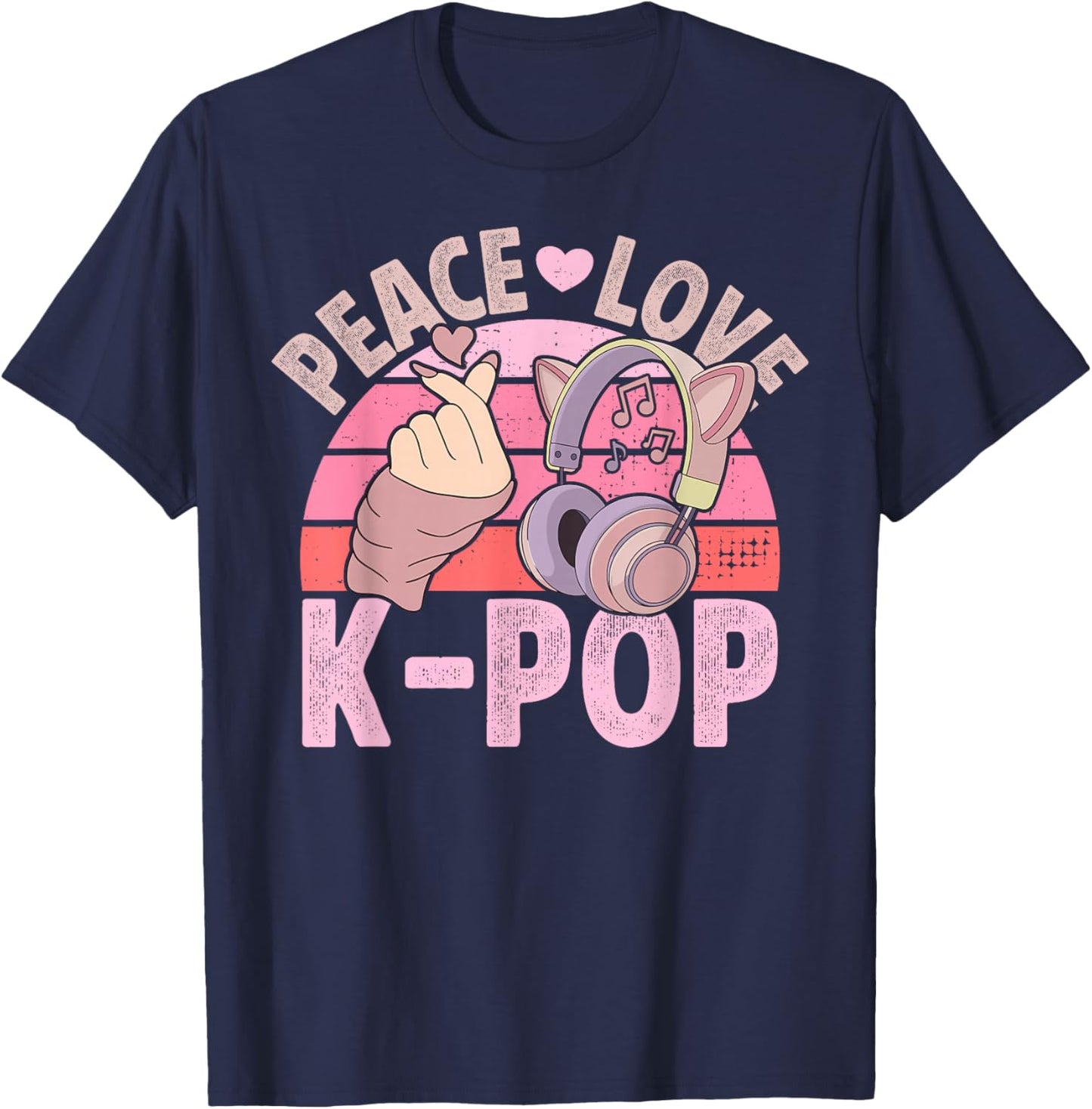 Retro Headset Kpop Peace Love K-Pop Heart K Pop Girl T-Shirt - T-Shirt | Navy