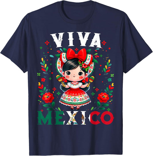 Viva Mexico Flag Mexican Independence Day Girls Kids T-Shirt - T-Shirt | Navy