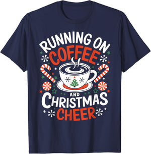 Running on Coffee and Christmas Cheer Funny Holiday Xmas T-Shirt - T-Shirt | Navy
