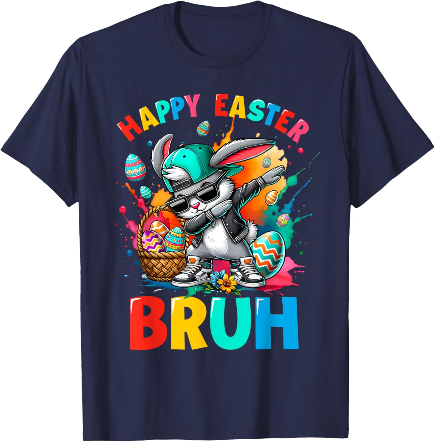 Dabbing Bunny Sunglasses Rabbit Eggs Happy Easter Bruh Funny T-Shirt - T-Shirt | Navy