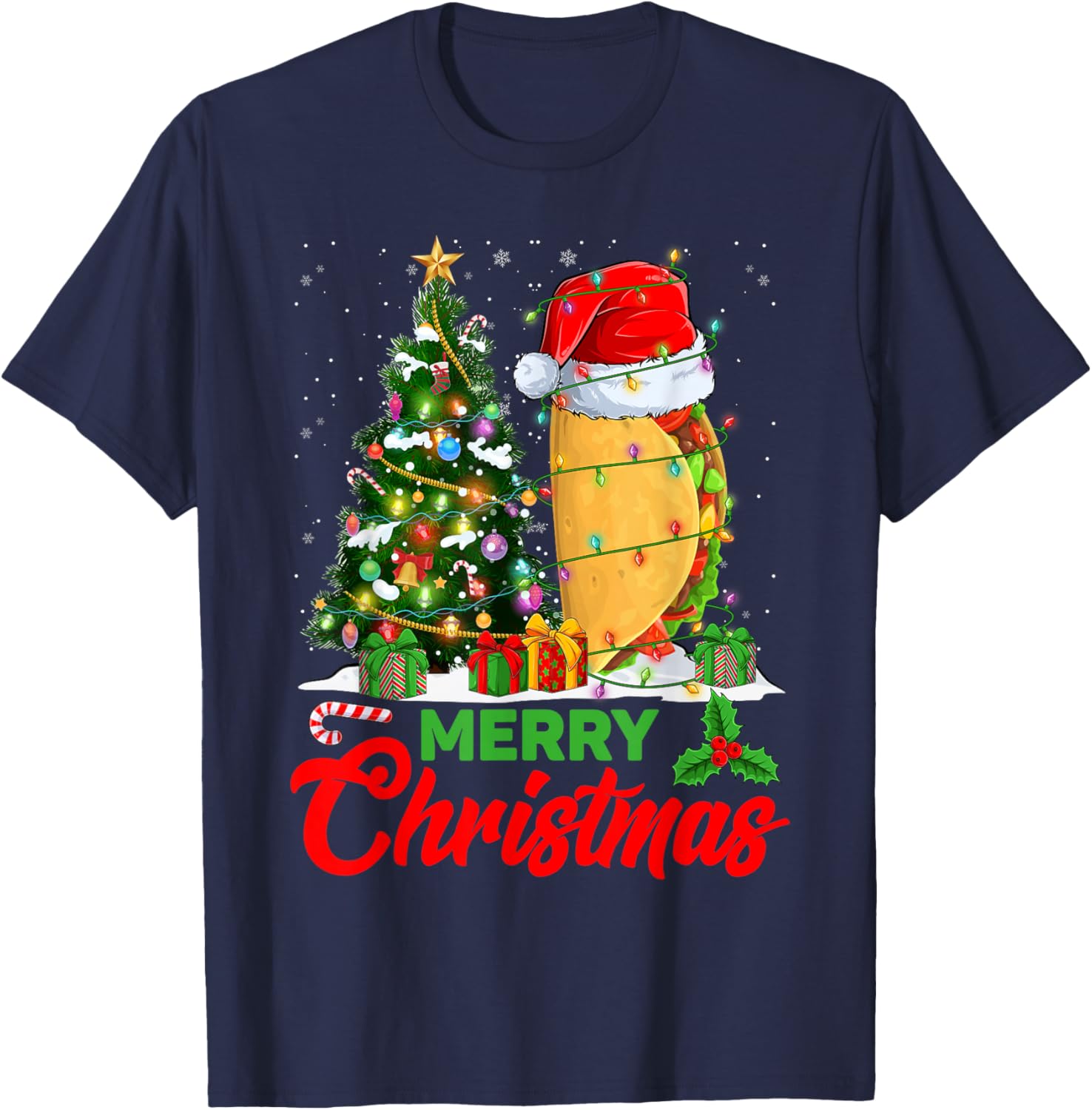 Funny Taco Christmas Tree Lights Mexican Food Lover Xmas T-Shirt - T-Shirt | Navy