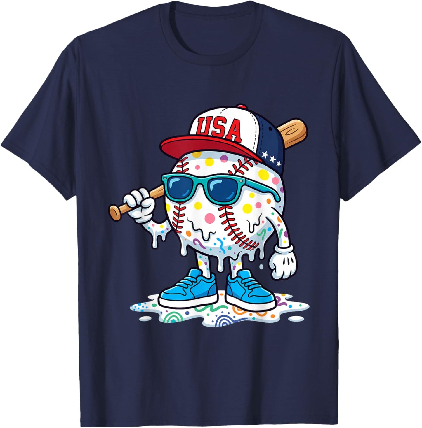 Baseball Drip American Flag for Boys Kids Youth 4th of July T-Shirt - T-Shirt | Navy
