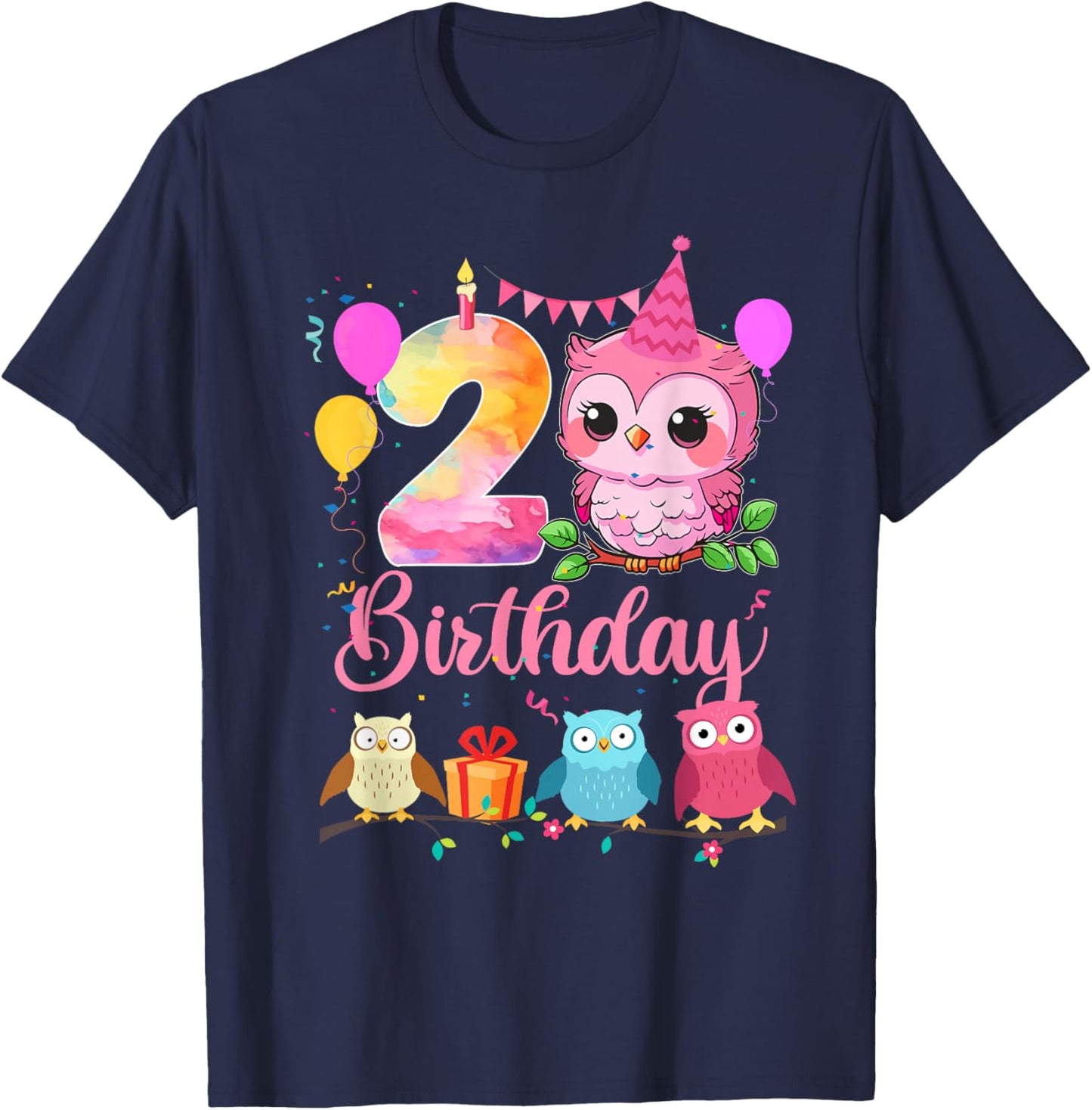 2nd Owl Birthday Party 2 Years Old Girls Owl Birthday T-Shirt - T-Shirt | Navy