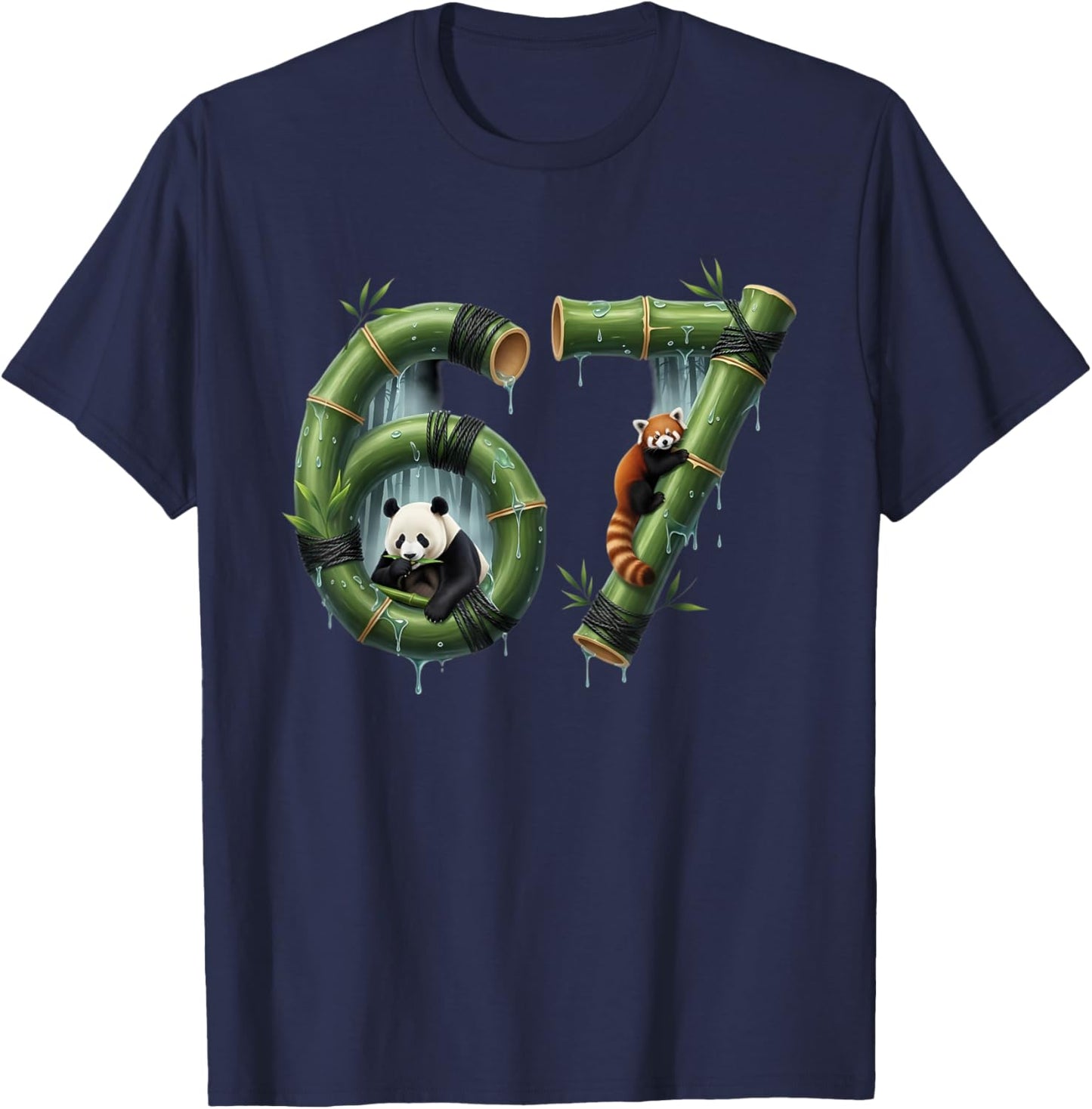 Six Seven Bamboo Design Panda Number 67 Jungle Art T-Shirt - T-Shirt | Navy