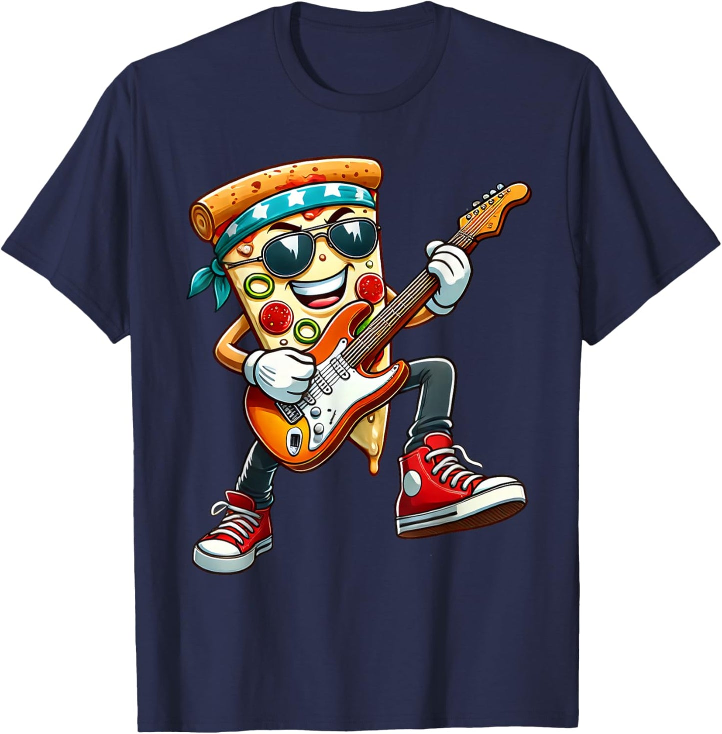 Funny Pizza Rockstar Electric Guitar Music Men Women Kids T-Shirt - T-Shirt | Navy