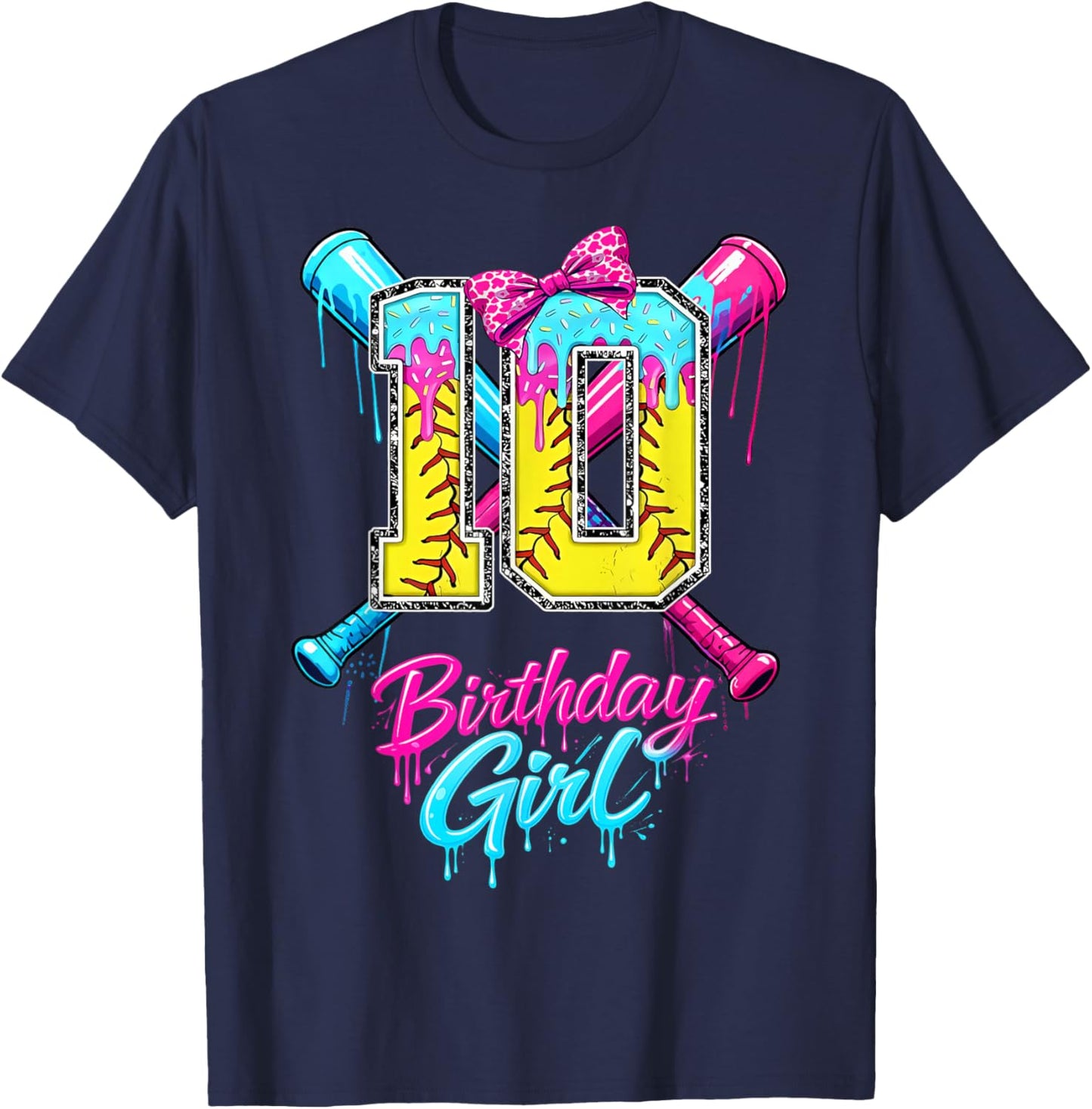 Kids 10th Birthday Girl Softball Ice Cream Drip Coquette Bow T-Shirt - T-Shirt | Navy