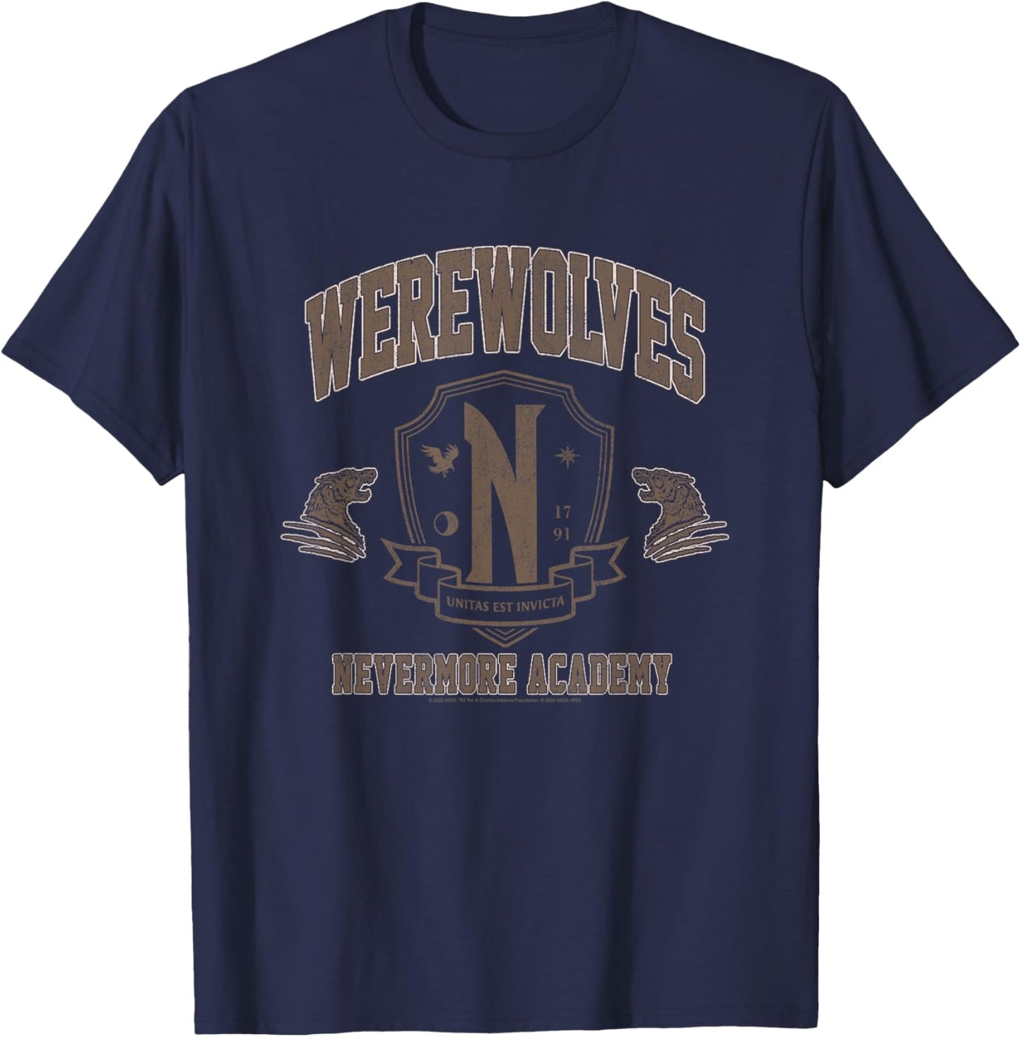 Wednesday Werewolves Nevermore Academy Distressed Chest Logo T-Shirt - T-Shirt | Navy