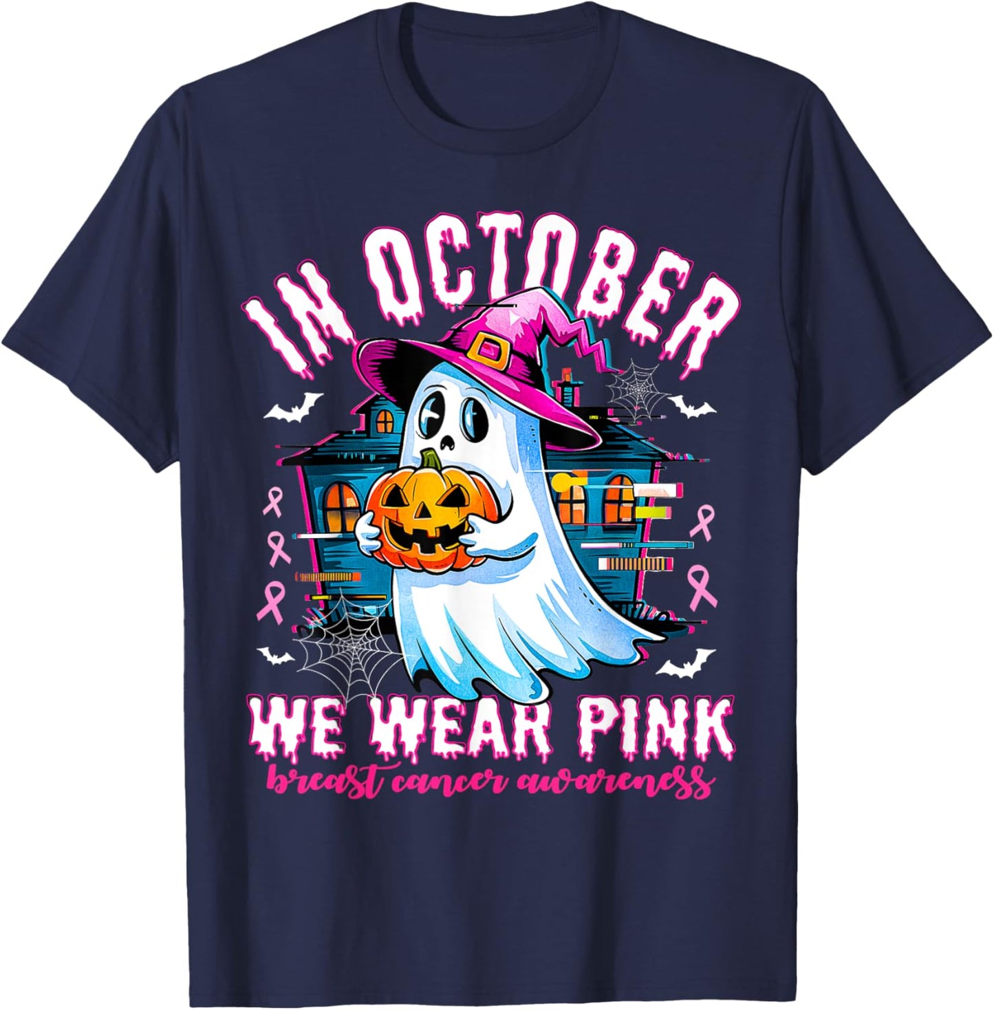 In October we Wear Pink With Ghost Breast Cancer Awareness T-Shirt - T-Shirt | Navy