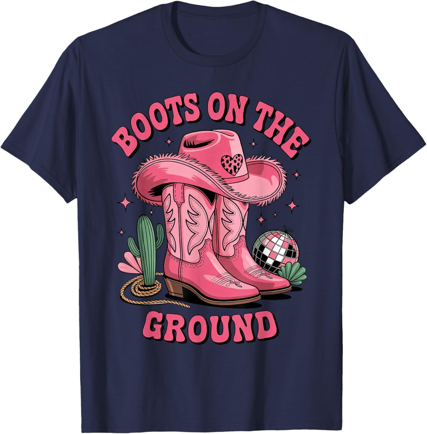 Pink Cowgirl Boots on Ground Retro Western Country Style T-Shirt - T-Shirt | Navy