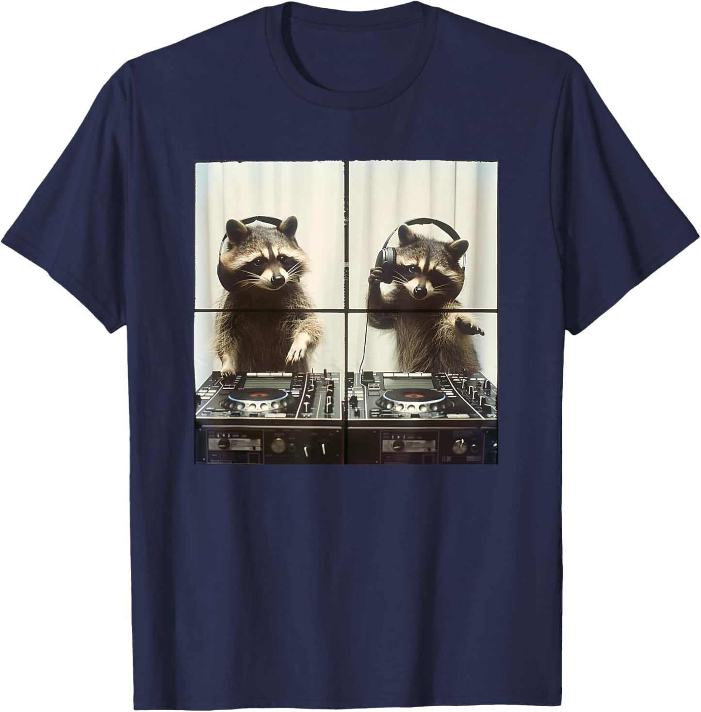DJ Raccoon Vinyl Turntables 90s EDM Music Raccoon DJ T-Shirt - T-Shirt | Navy