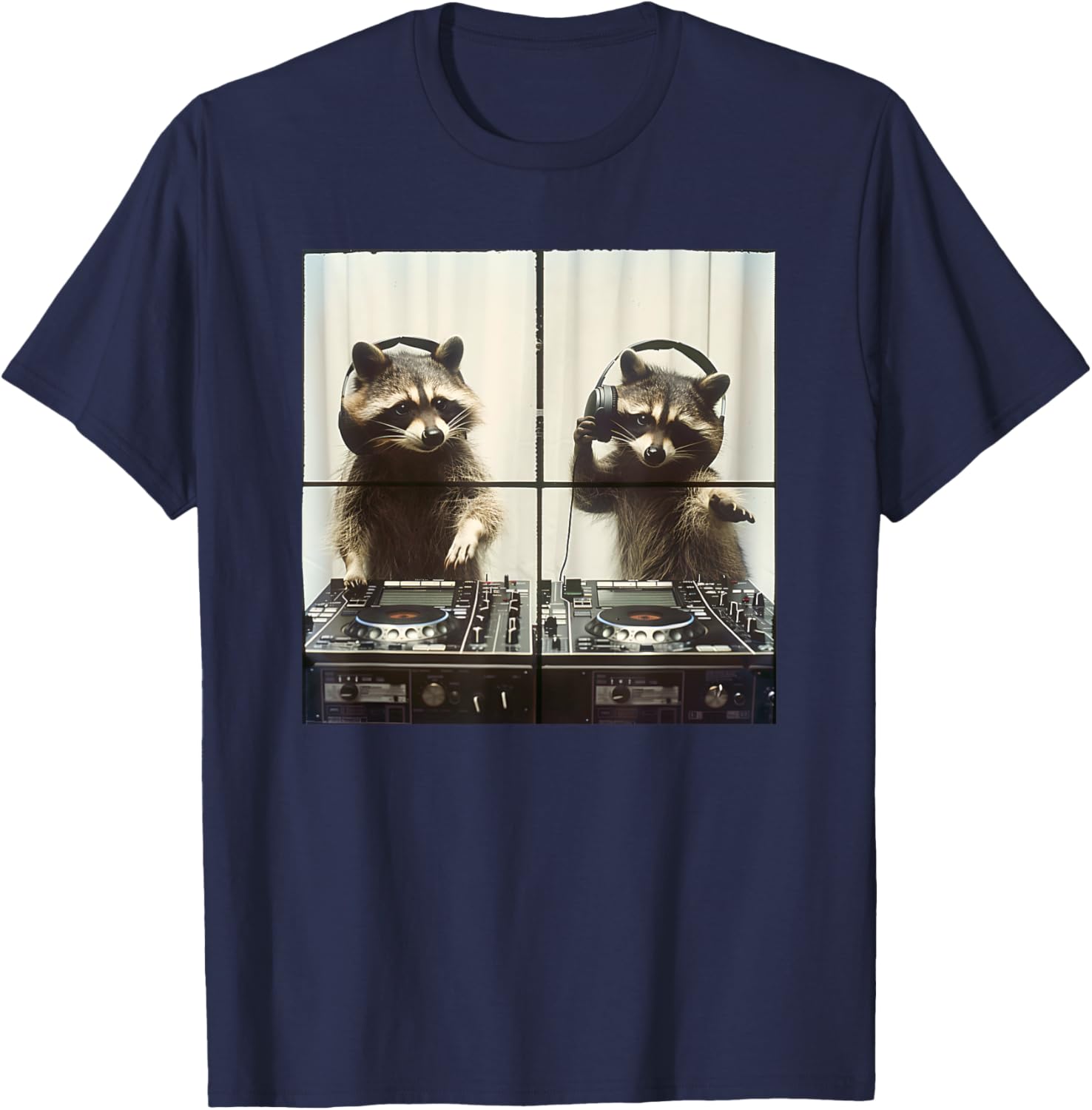 DJ Raccoon Vinyl Turntables 90s EDM Music Raccoon DJ T-Shirt - T-Shirt | Navy
