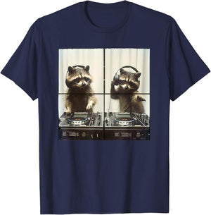 DJ Raccoon Vinyl Turntables 90s EDM Music Raccoon DJ T-Shirt - T-Shirt | Navy