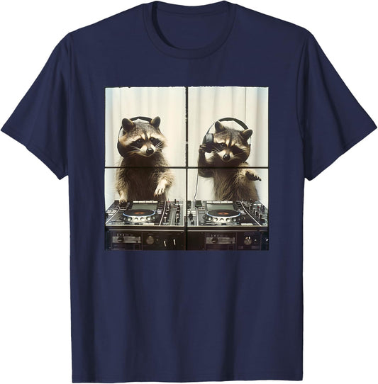 DJ Raccoon Vinyl Turntables 90s EDM Music Raccoon DJ T-Shirt - T-Shirt | Navy