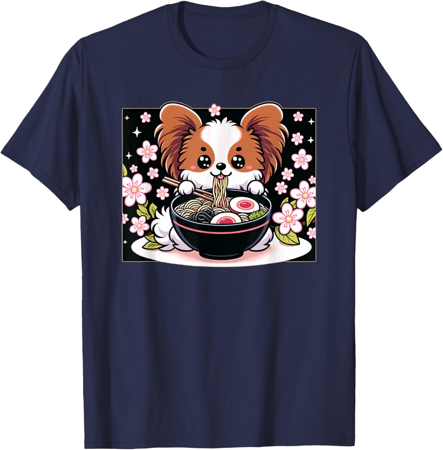 Kawaii Papillon dog Eating Ramen T-Shirt - T-Shirt | Navy