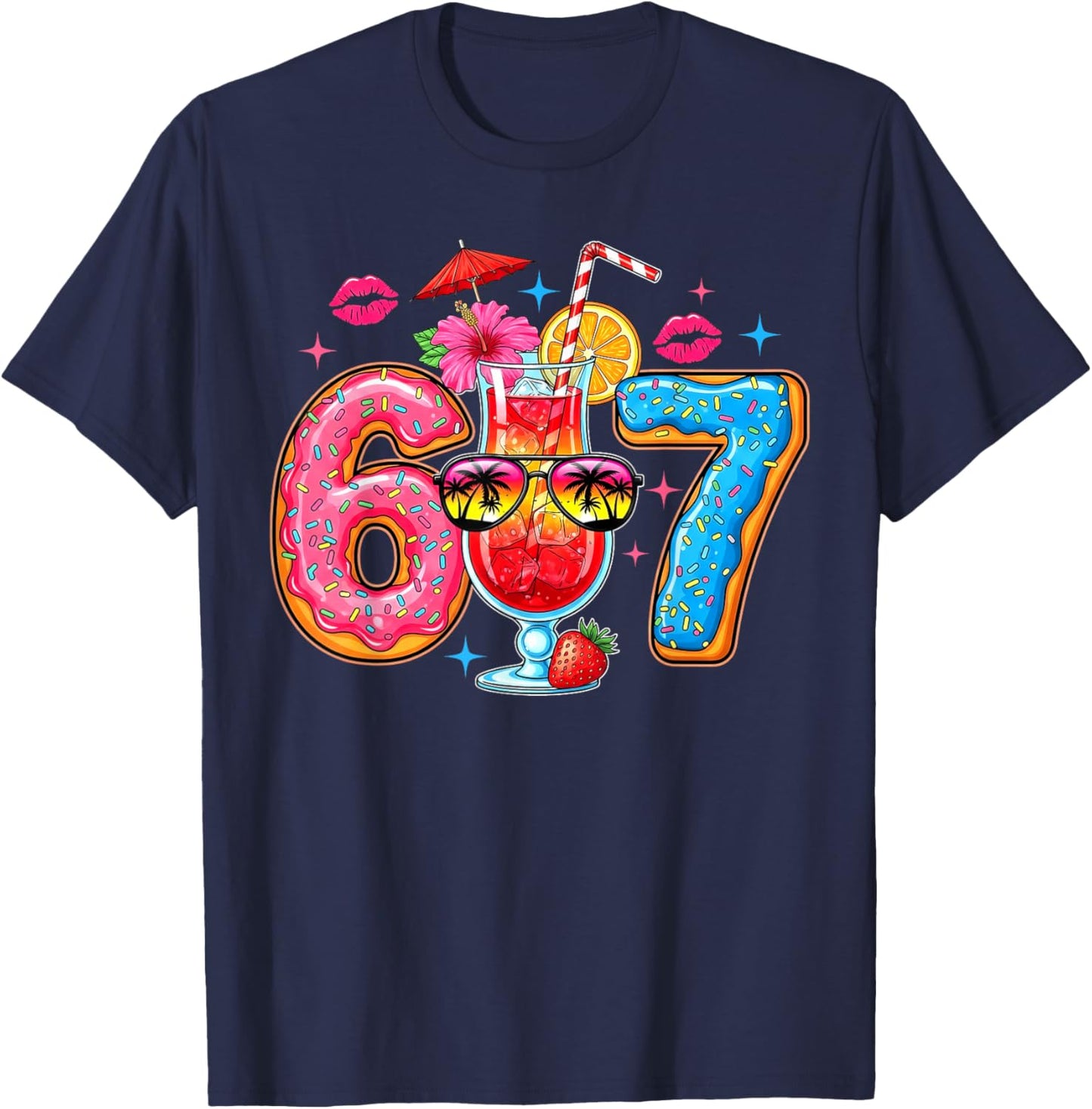 Funny 67 Six Seven Meme Summer Vacation Ice Cream Drip T-Shirt - T-Shirt | Navy