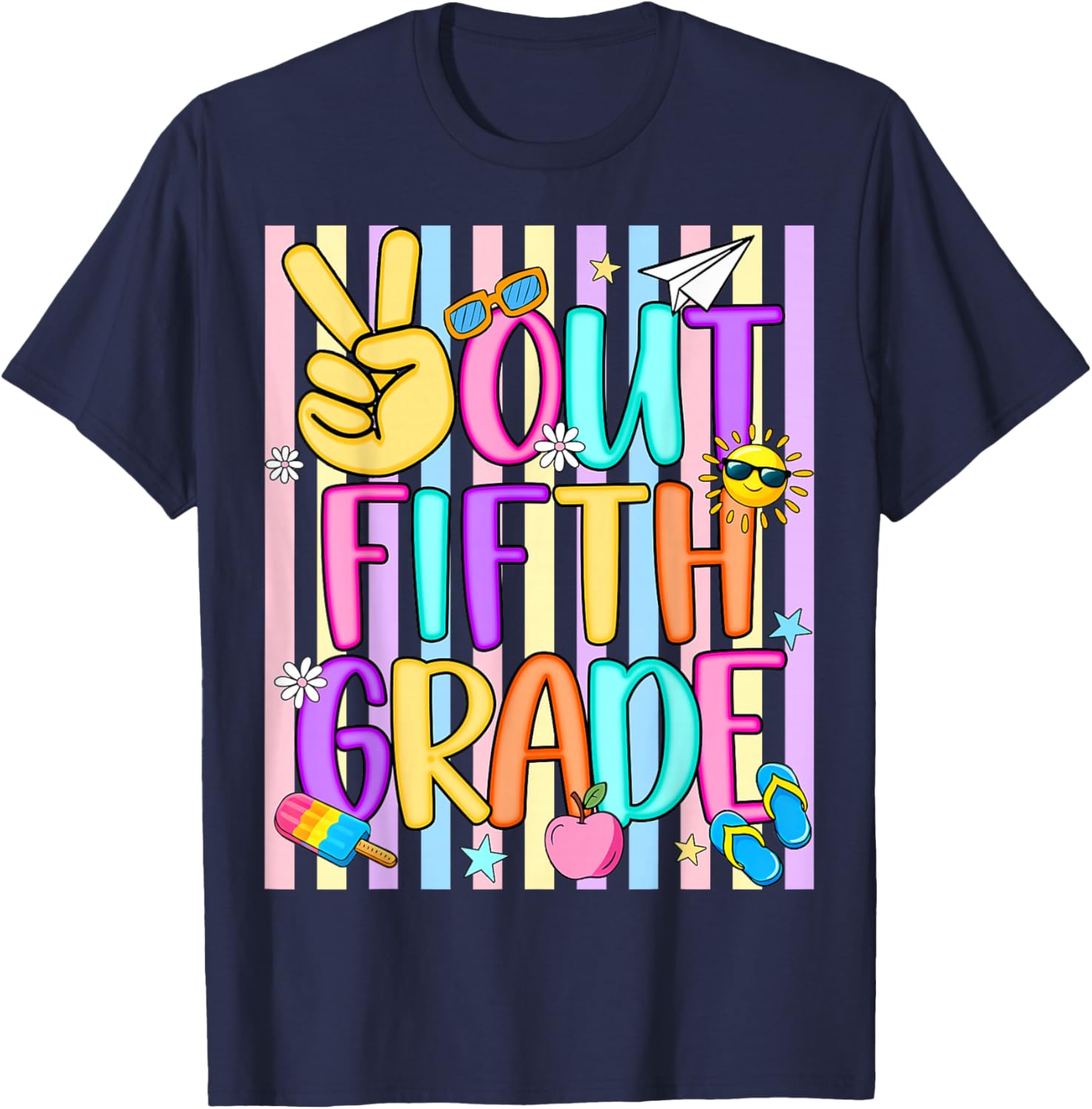 Peace Out 5th Grade Kids Boy Girl Striped Last Day of School T-Shirt - T-Shirt | Navy
