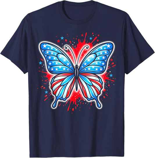 Patriotic Women Girl American Flag 4th of July Butterfly T-Shirt - T-Shirt | Navy