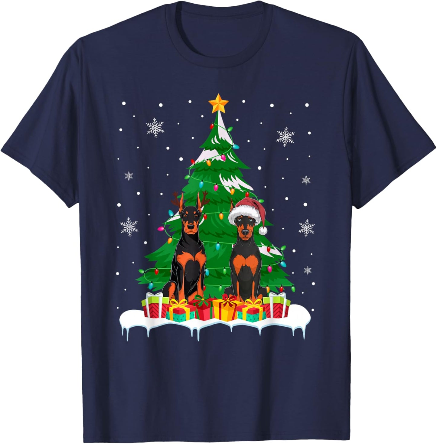 Doberman Pinscher Dog Christmas Tree Light Santa Reindeer PJ T-Shirt - T-Shirt | Navy