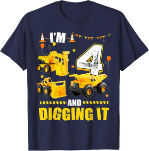I'm 4 Years Old And Digging It 4th Birthday Construction T-Shirt - T-Shirt | Navy