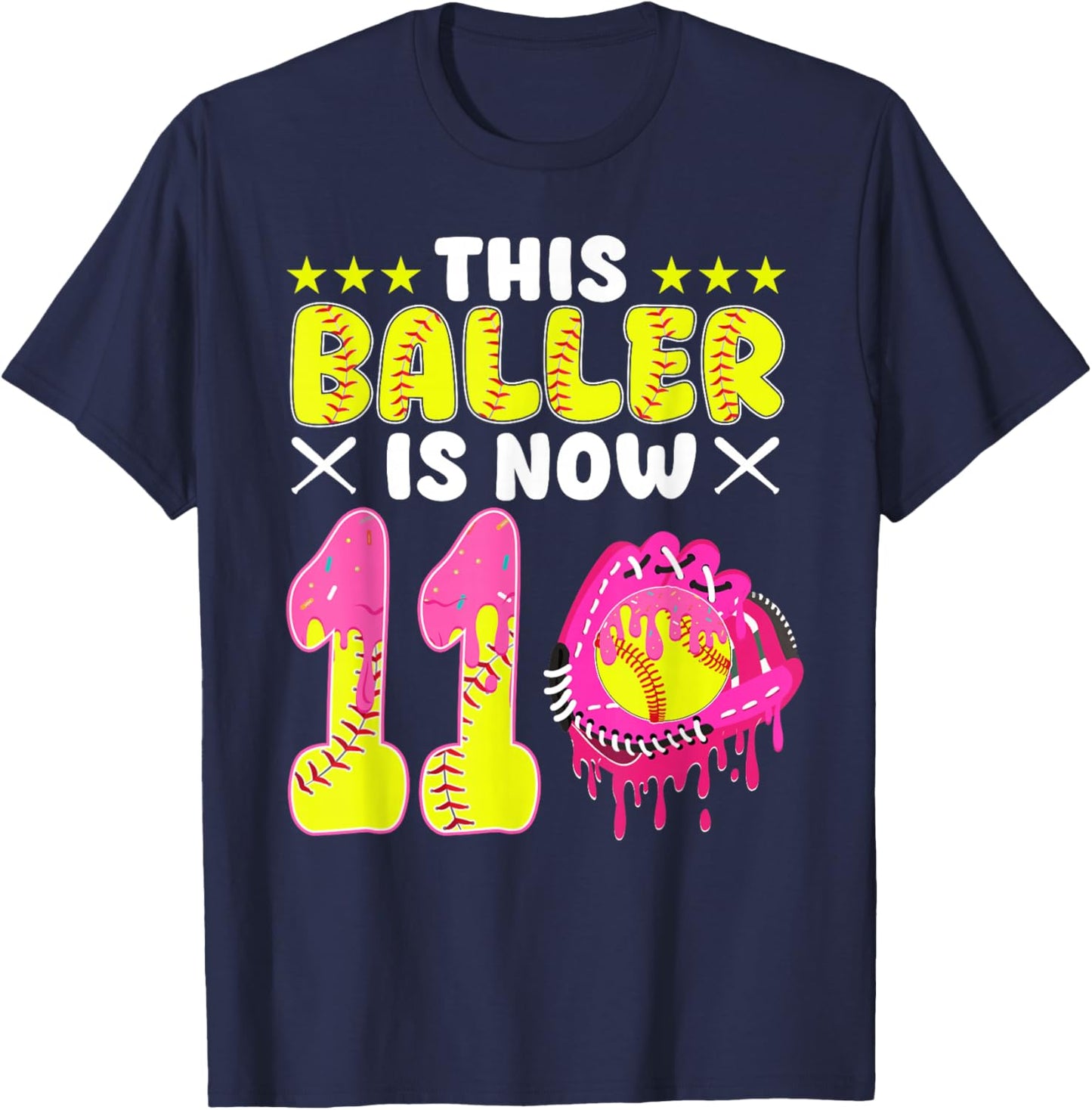 This Baller is Now 11 Year Old Bday Softball Ice Cream Drip T-Shirt - T-Shirt | Navy