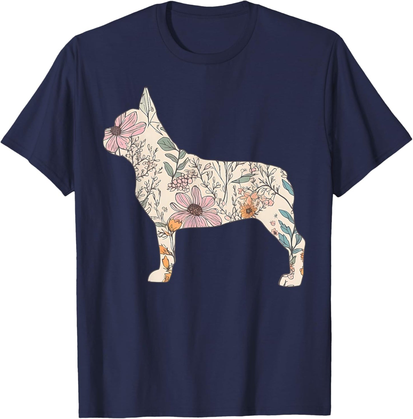 Floral French Dog Silhouette Dog Pet French Bulldog Flower Women T-Shirt - T-Shirt | Navy