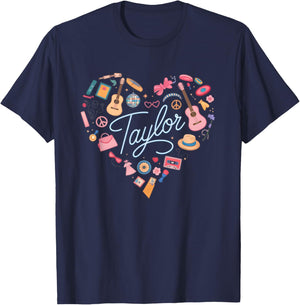 Girl Retro Taylor First Name Personalized Heart T-Shirt - T-Shirt | Navy