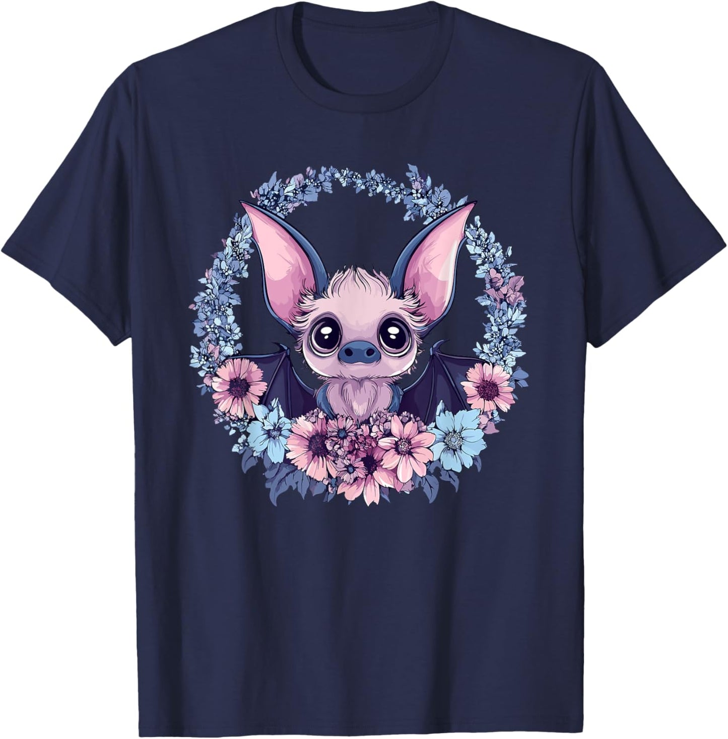 Adorable Bat Surrounded By Beautiful Flowers T-Shirt - T-Shirt | Navy