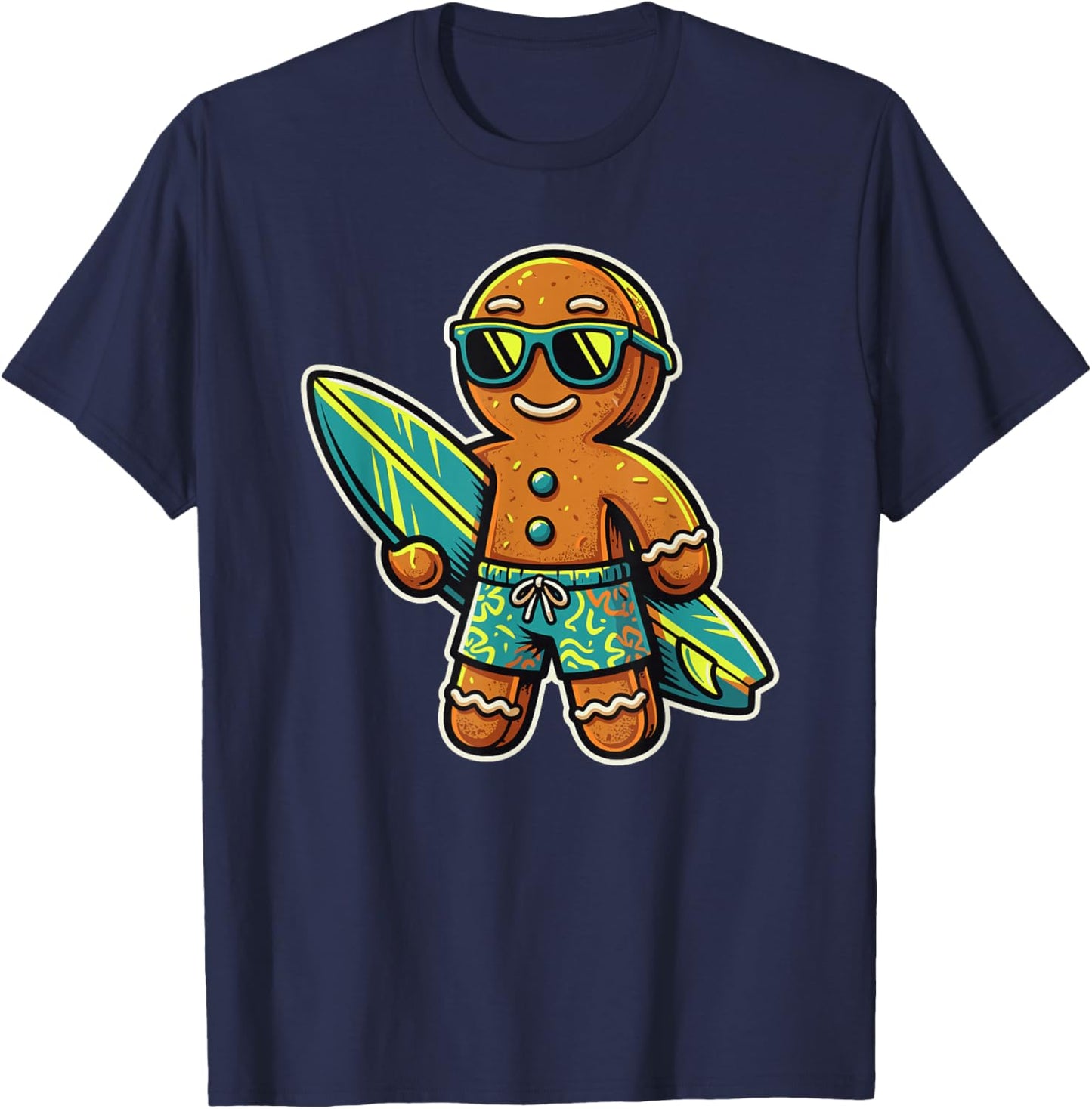 Gingerbread Surfeur, Noël au Soleil, Tropiques, Humour T-Shirt - T-Shirt | Navy