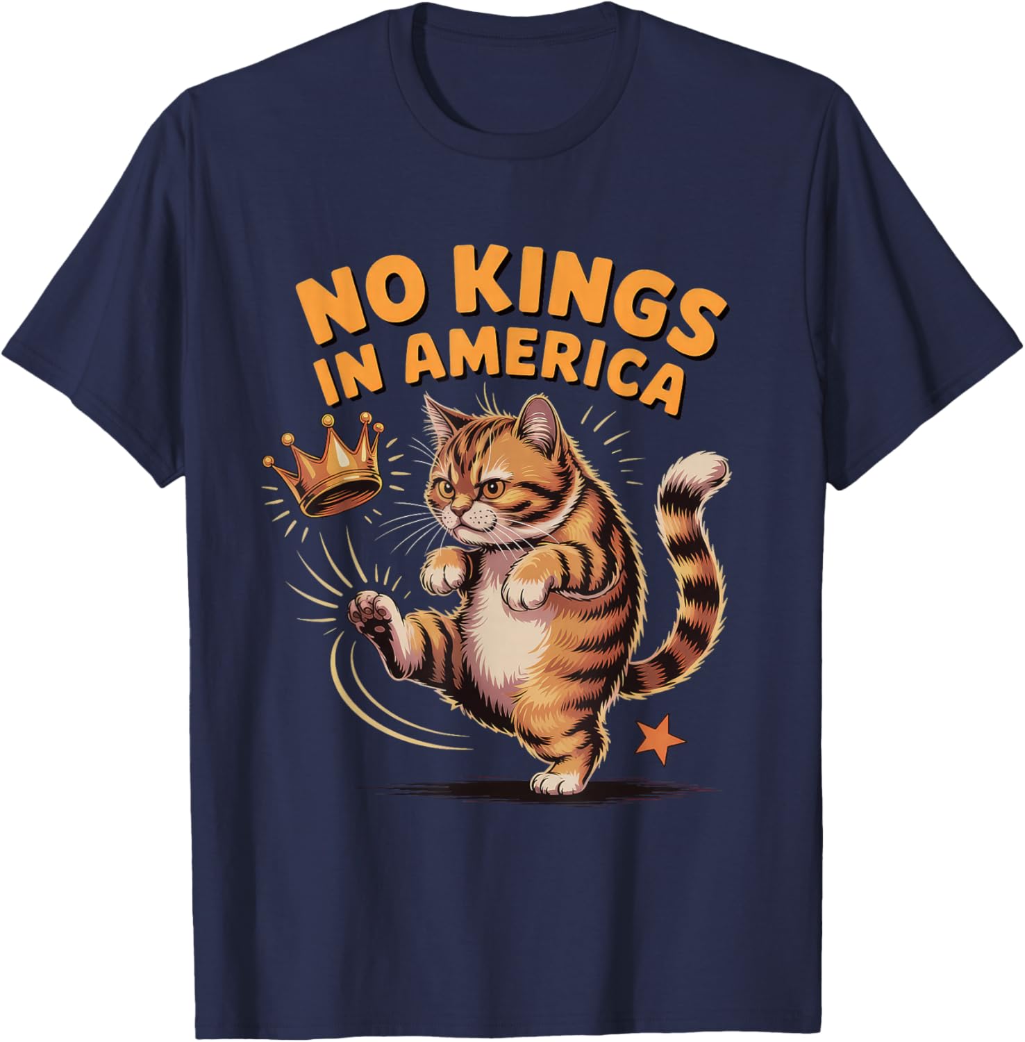 No Kings in America Cat Kicking Crown T-Shirt - T-Shirt | Navy