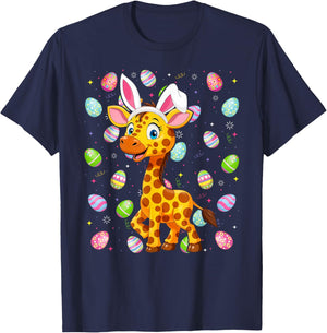 Giraffe Happy Easter Egg Hunt Bunny Ear Giraffe Easter T-Shirt - T-Shirt | Navy