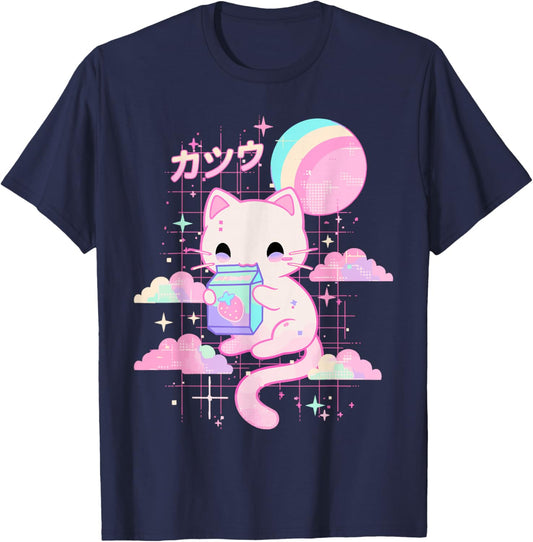 Cat Strawberry Milk Anime 90s Japanese Cat Japan T-Shirt - T-Shirt | Navy