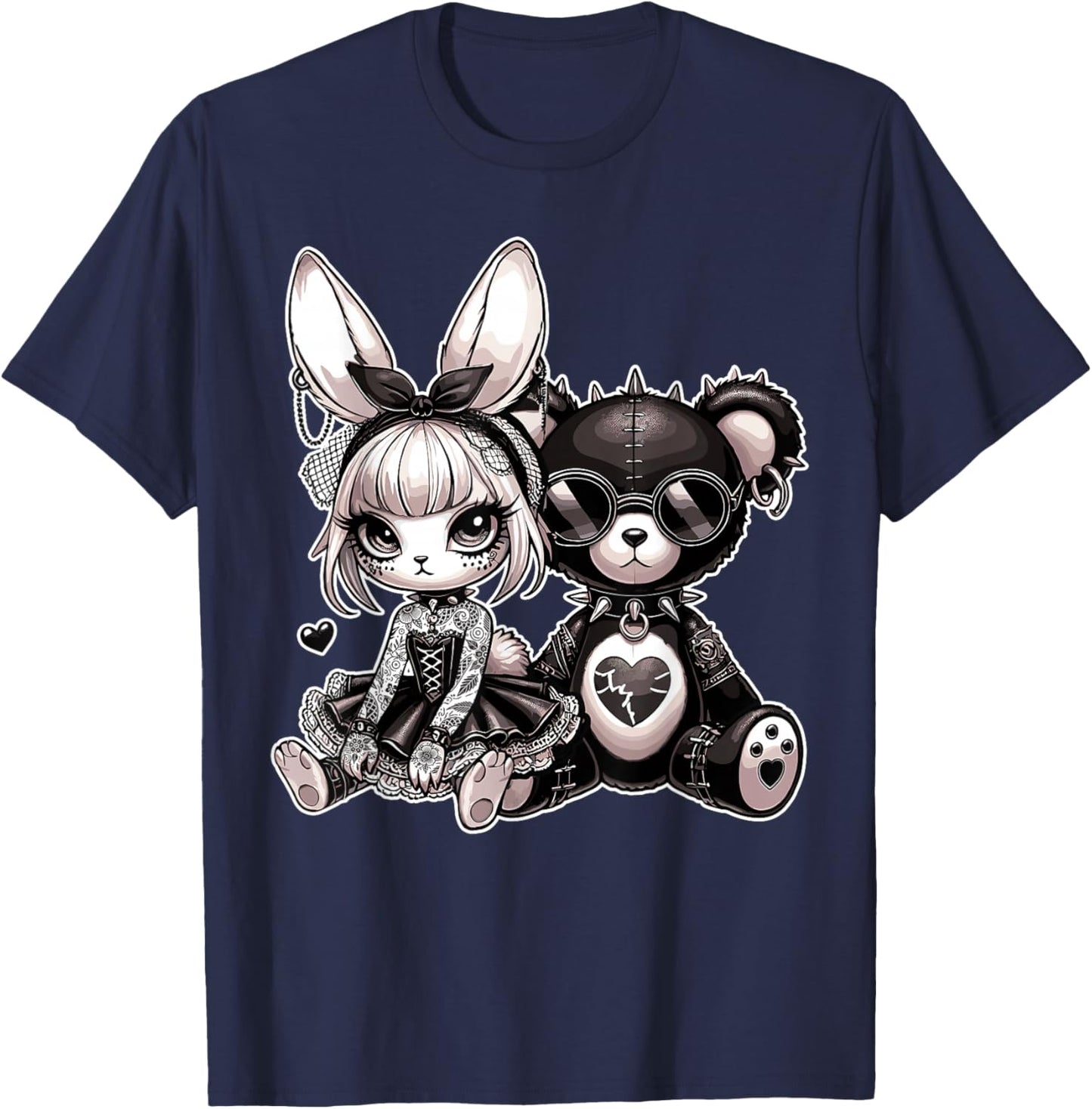 Gothic Bunny & Punk Teddy Bear Aesthetic T-Shirt - T-Shirt | Navy