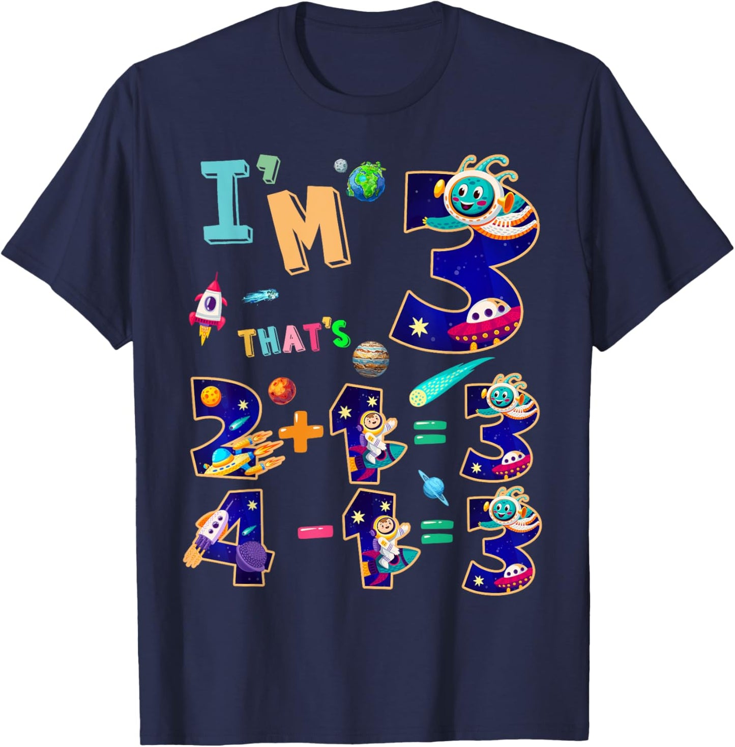 Maths 3rd Birthday Space Idea For Kids & 3 Year Old Numbers T-Shirt - T-Shirt | Navy