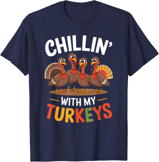 Funny Family Thanksgiving - Chillin With My Turkeys -Kids Thanksgiving-themed Boys' Kids' Novelty T-Shirt - T-Shirt | Navy