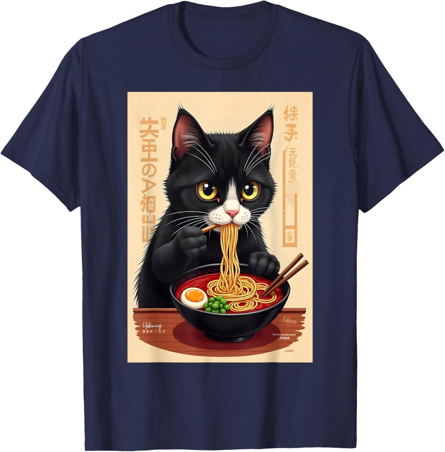 Cat Eating Ramen Japanese Noodles Anime Baby Cat Ramen T-Shirt - T-Shirt | Navy