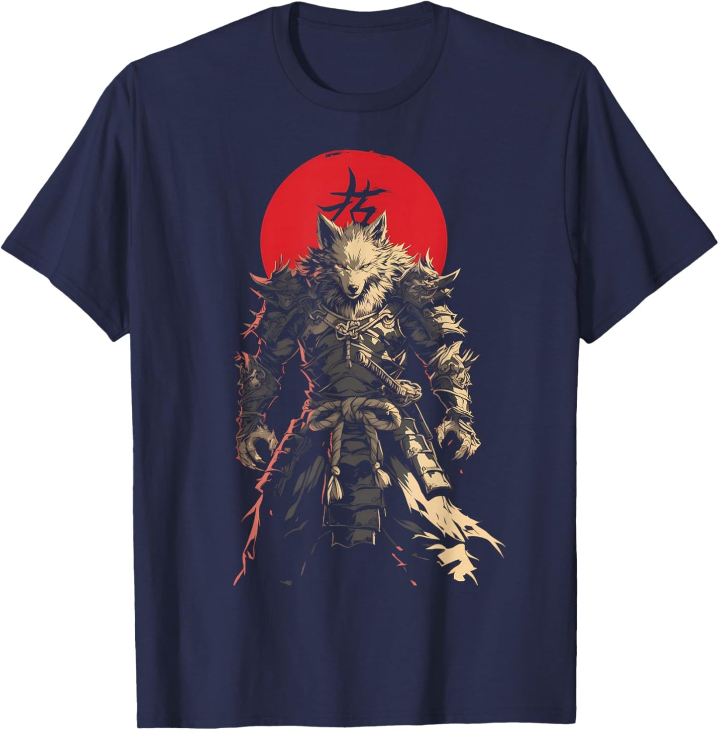 Japanese Samurai Wolf Kanji Samurai Warrior Wolf T-Shirt - T-Shirt | Navy
